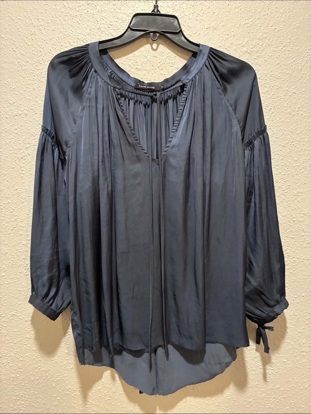Calvin Rucker Slate Blue Peasant Blouse with Tie Cuffs